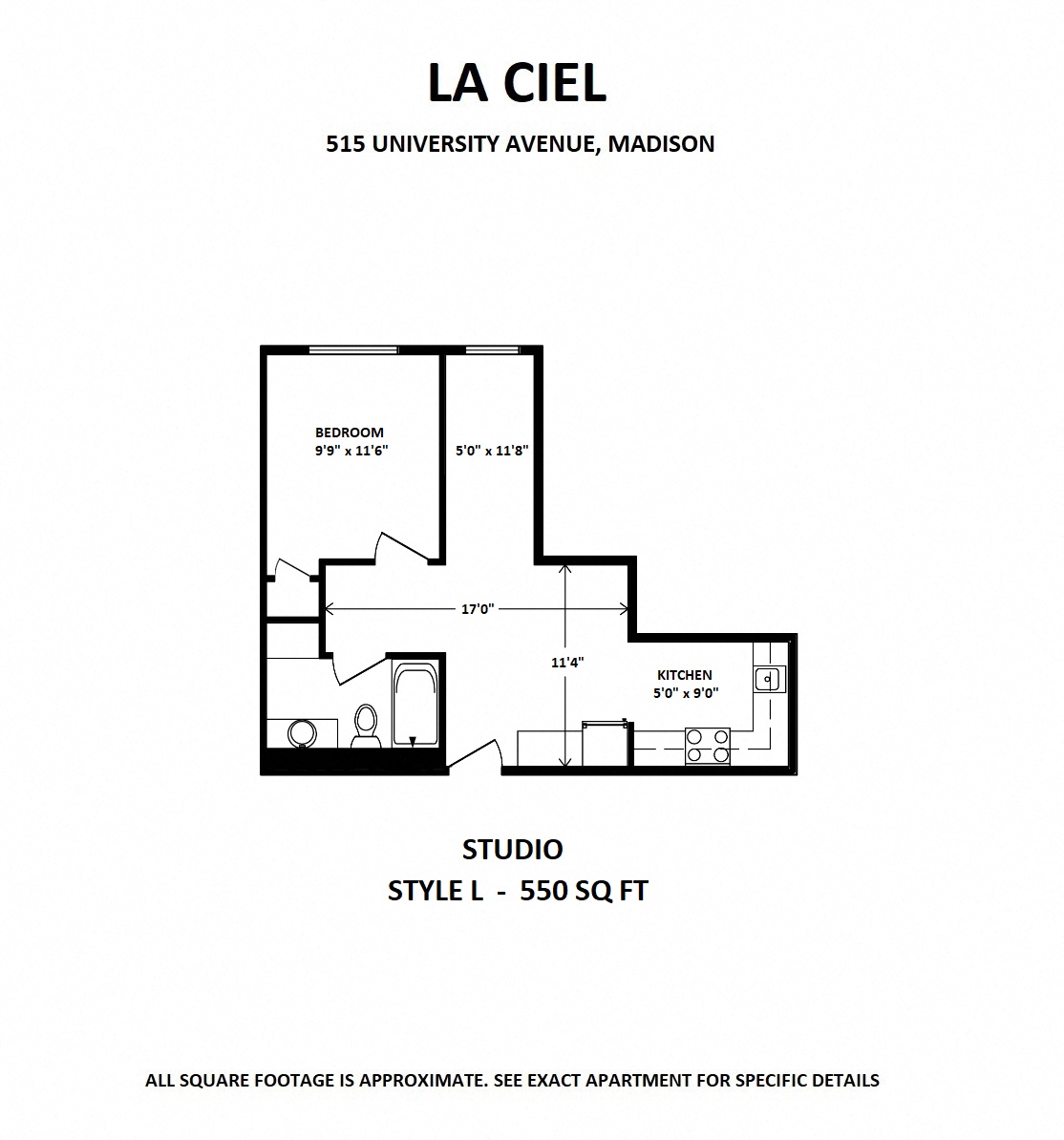 Floor plan for studio, 1 bath, 550 sqft